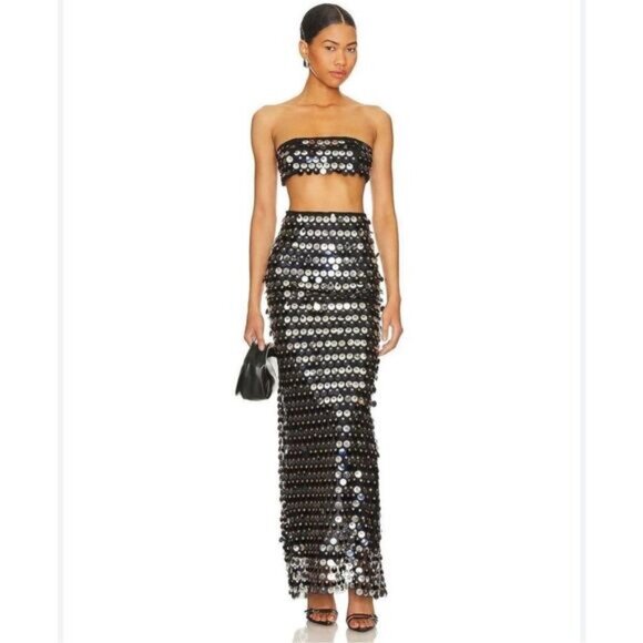 Lovers and Friends sequin embellishments Skirt Set -Metallic Silver S NWT 218 - Picture 1 of 13